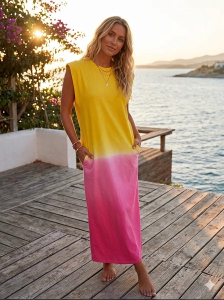 Robe longue Elsa Tye and Dye - jaune et rose