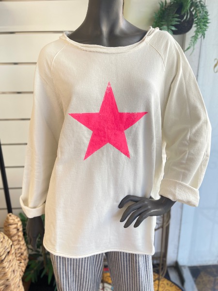Sweat BASILEA écru avec étoile rose fluo - Banditas