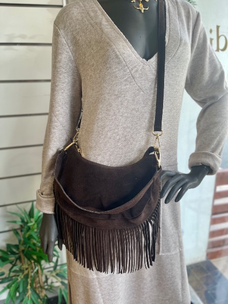 Sac Matis en cuir marron avec frange